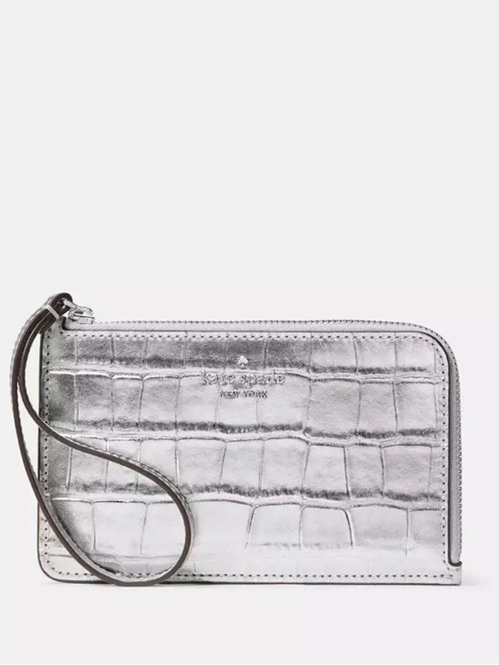 Kate Spade Lucy L ZIp Wristlet | NWT | Silver Metallic Croc-embossed